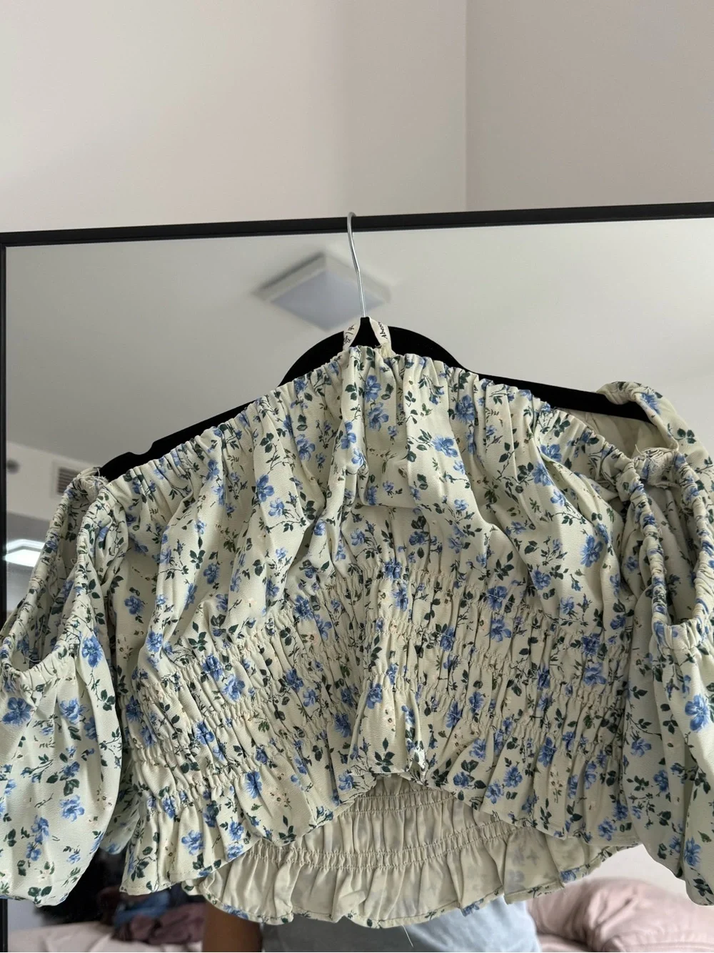Smocked Off-Shoulder Blouse in Sage with Blue Floral